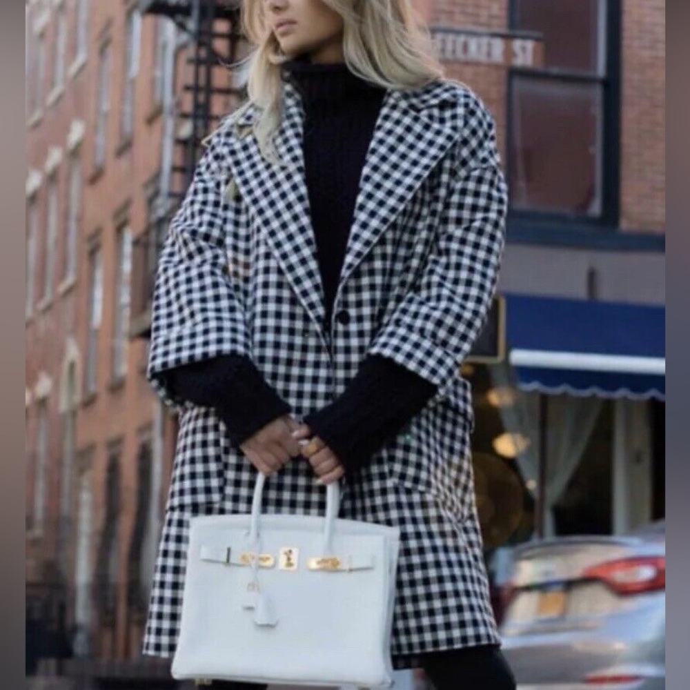 Zara gingham plaid coat Black White blogger favorite women’s size small - Picture 2 of 8